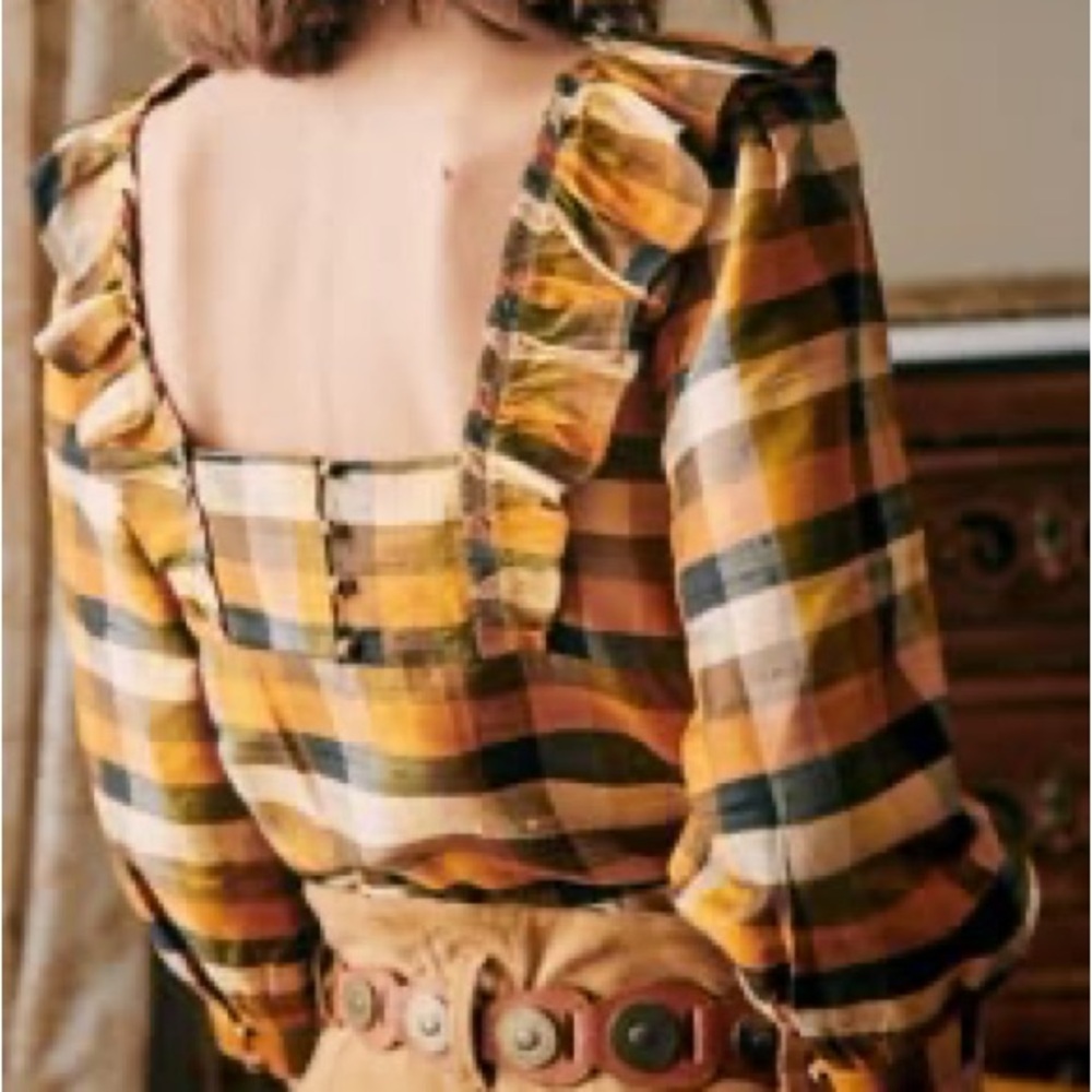 Sezane Plaid Ruffle V-Neck Top in Mustard Plaid size 34 small